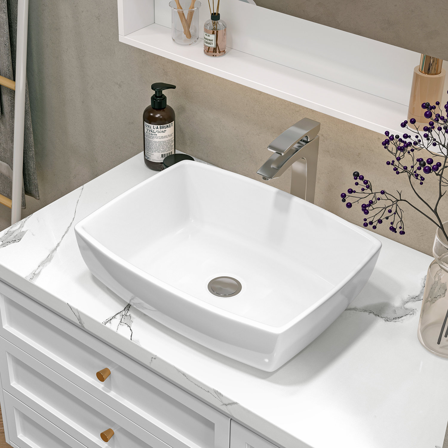 Sinber 19" x 14" x 5" White Rectangular Ceramic Countertop Bathroom